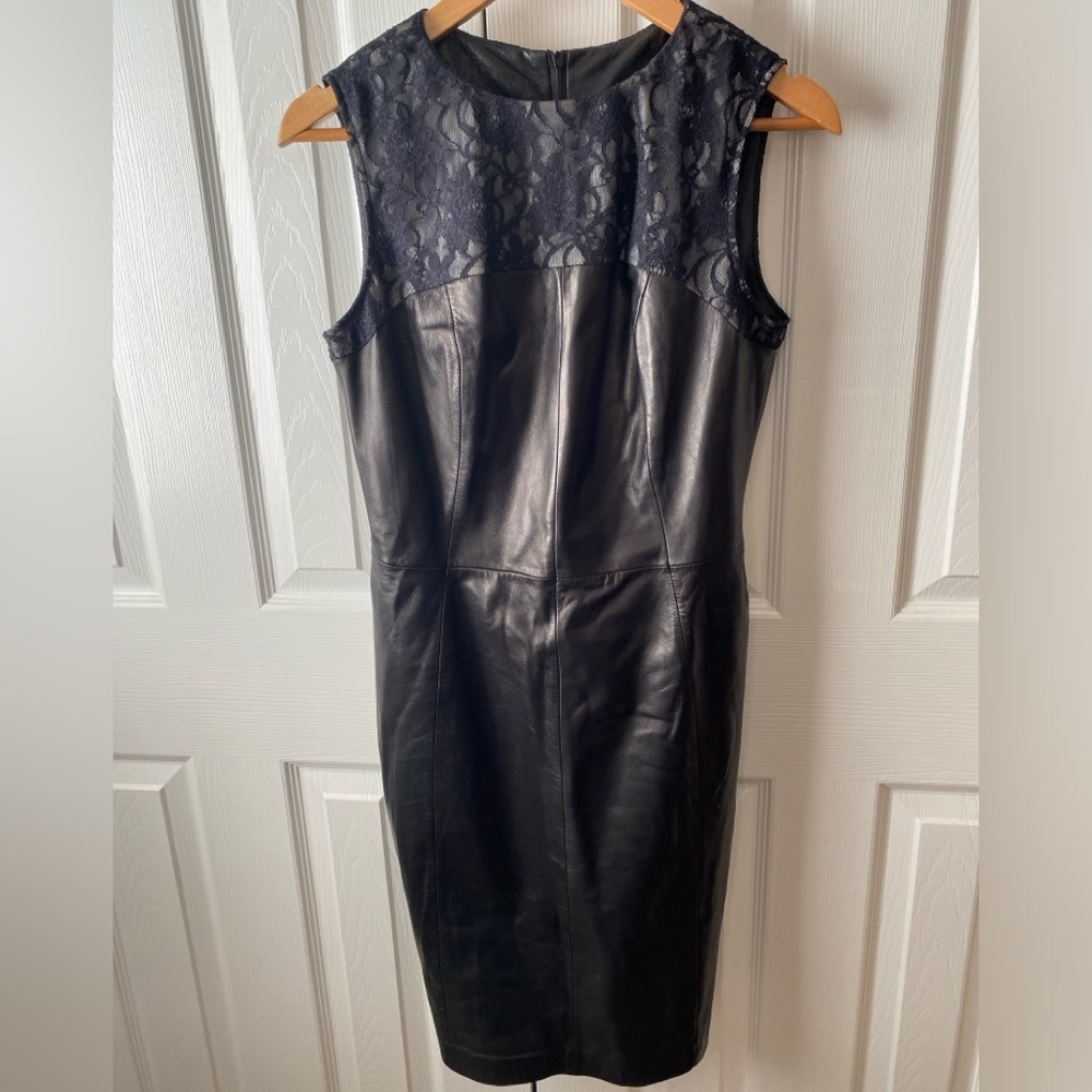 ANTONIO MELANI Black Leather Lace Trim Sleeveless Mini Sheath Dress SZ 6